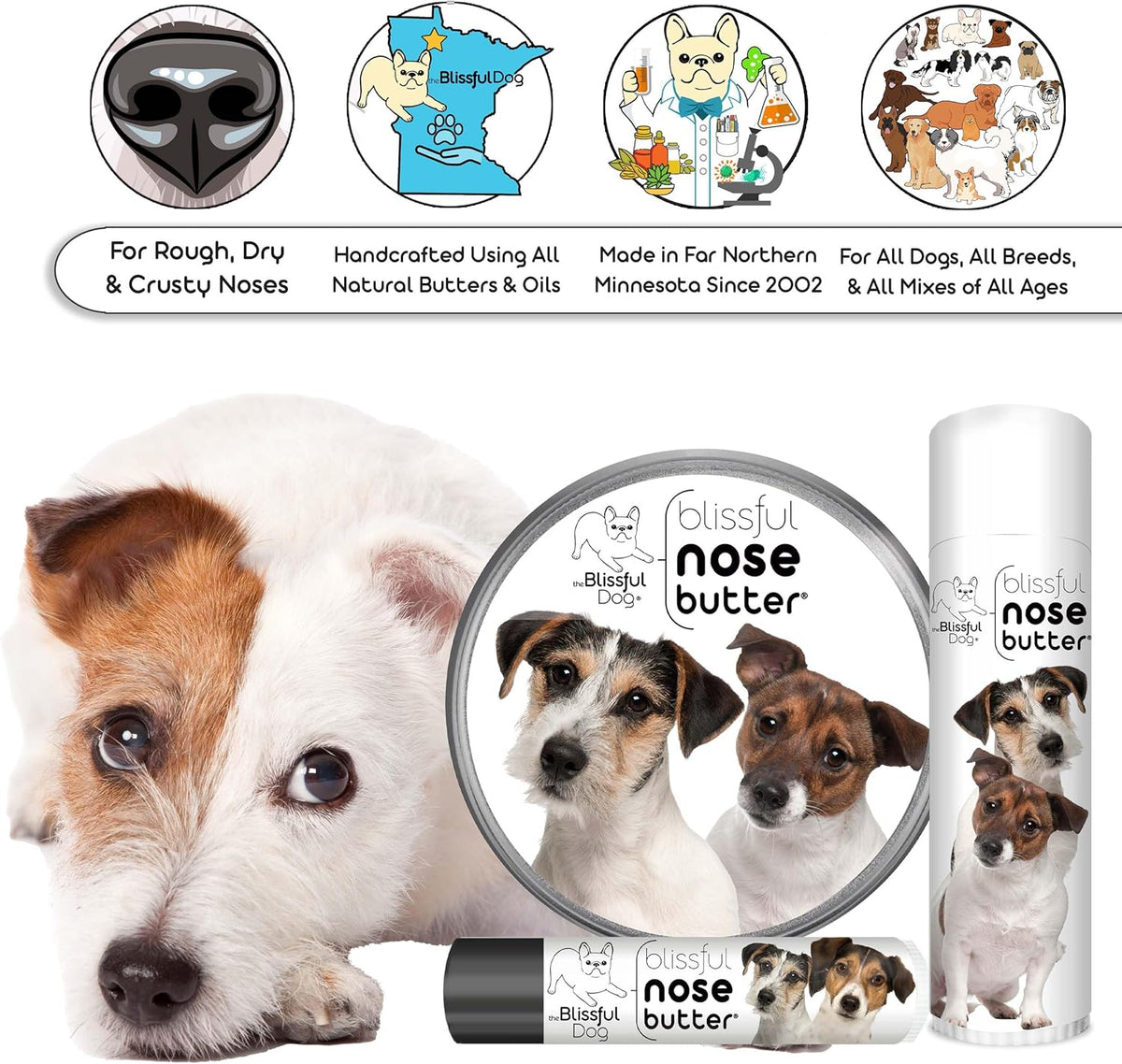 The Blissful Dog Jack Russell Terrier Nose Butter for Dry, Cracked Skin, Lick-Safe Dog Nose Balm