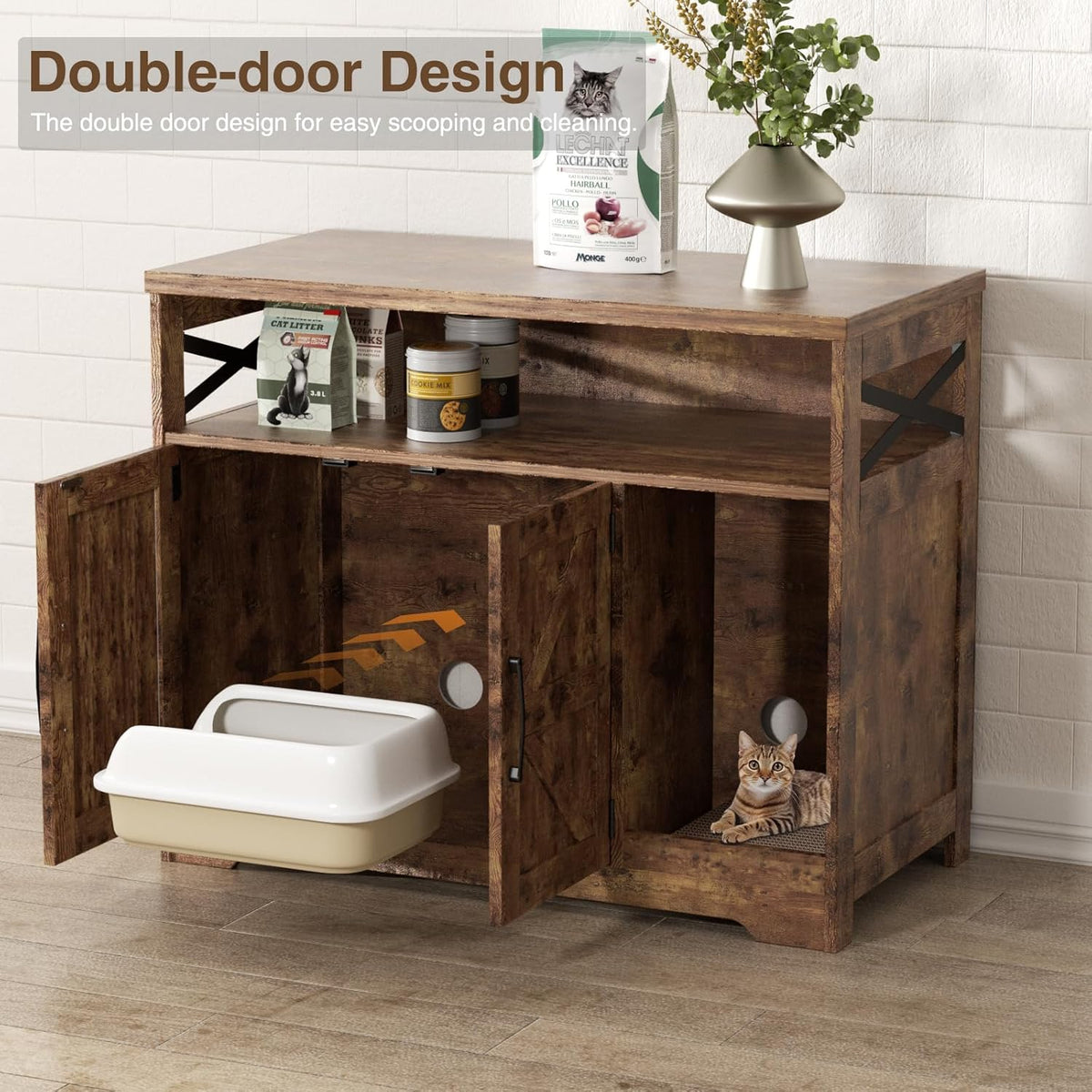 Cat Litter Box Enclosure, Hidden Litter Box Furniture with Scratch Pad, Farmhouse Indoor Cat House