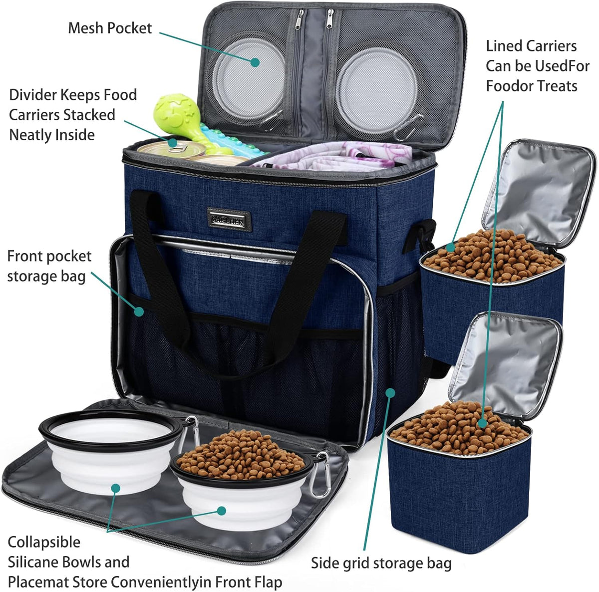 BAGLHER Dog Travel Bag, Pet Travel Bag (ALL Pet Travel Supplies), With 2 Pet Food Containers and 2