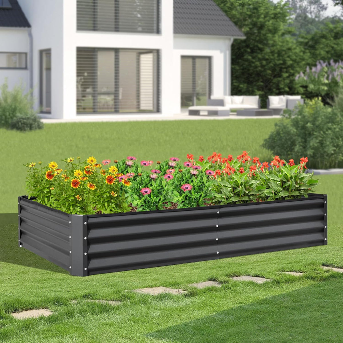 Domi Galvanized Raised Garden Bed, 8x4x1Ft Thickening Metal Planter Box for Vegetables Bottomless
