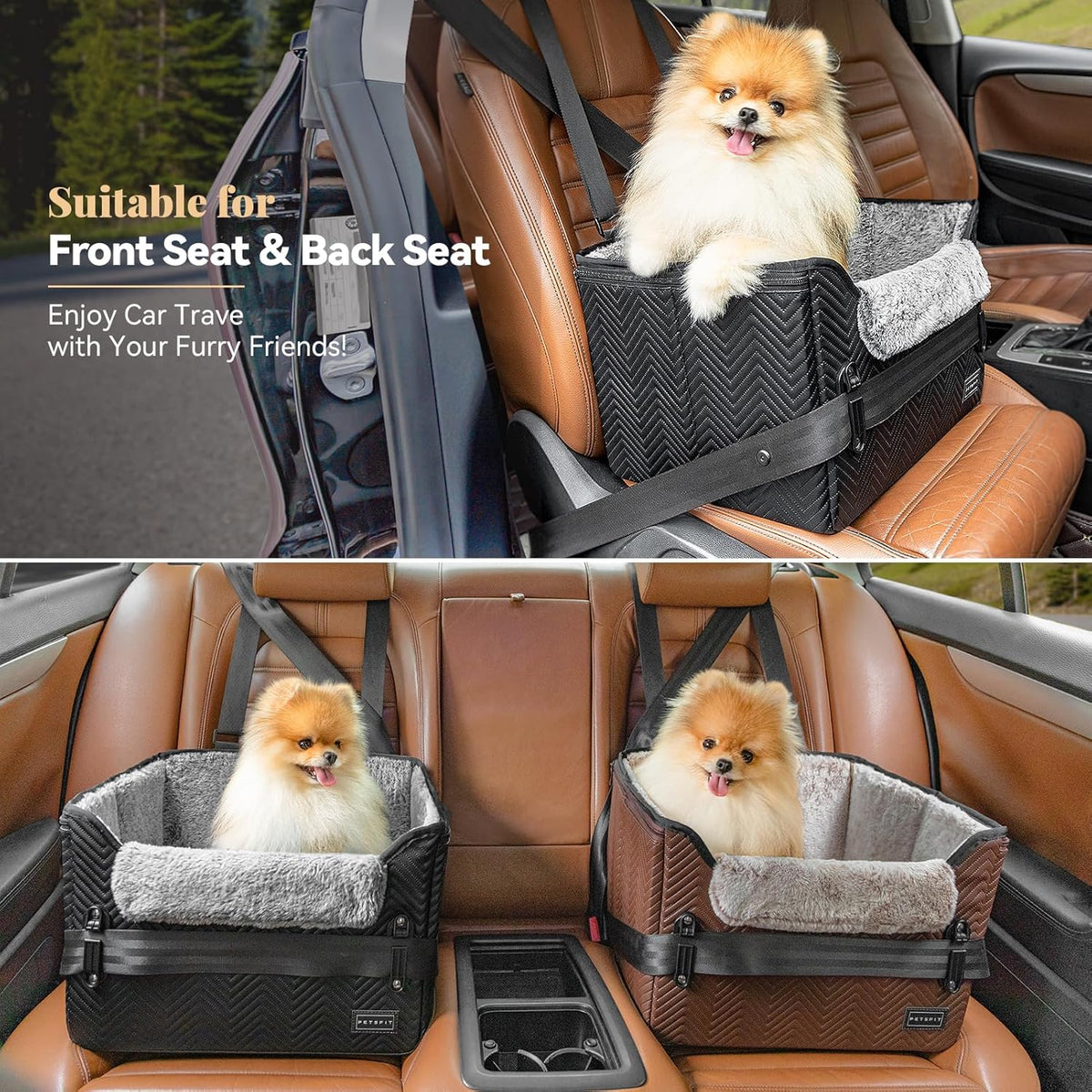 PETSFIT Small Dog Car Seat, Waterproof PU Leather Dog Carseat with Patent Safe Buckles, Clip-On