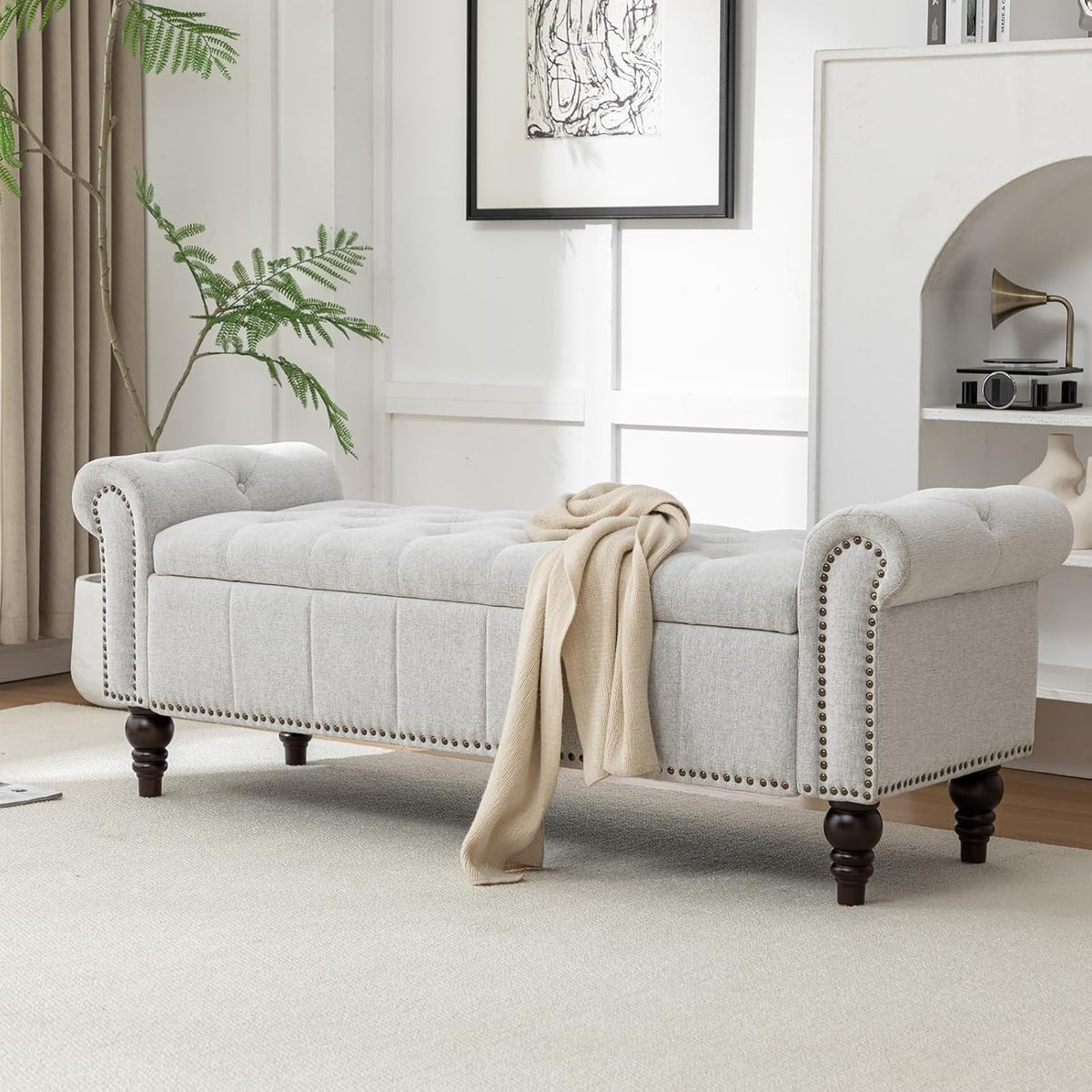 58’’ Storage Bench for Bedroom, Upholstered Button-Tufted Ottoman with Solid Wood Legs, Queen Size