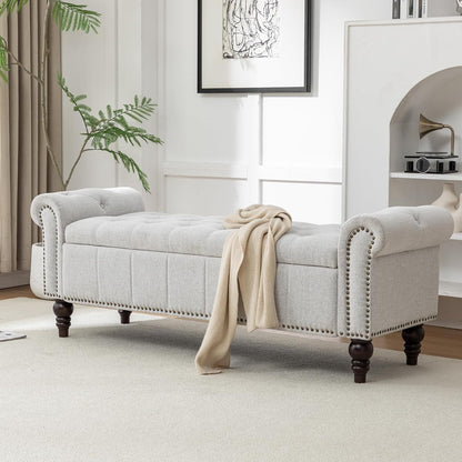 58’’ Storage Bench for Bedroom, Upholstered Button-Tufted Ottoman with Solid Wood Legs, Queen Size