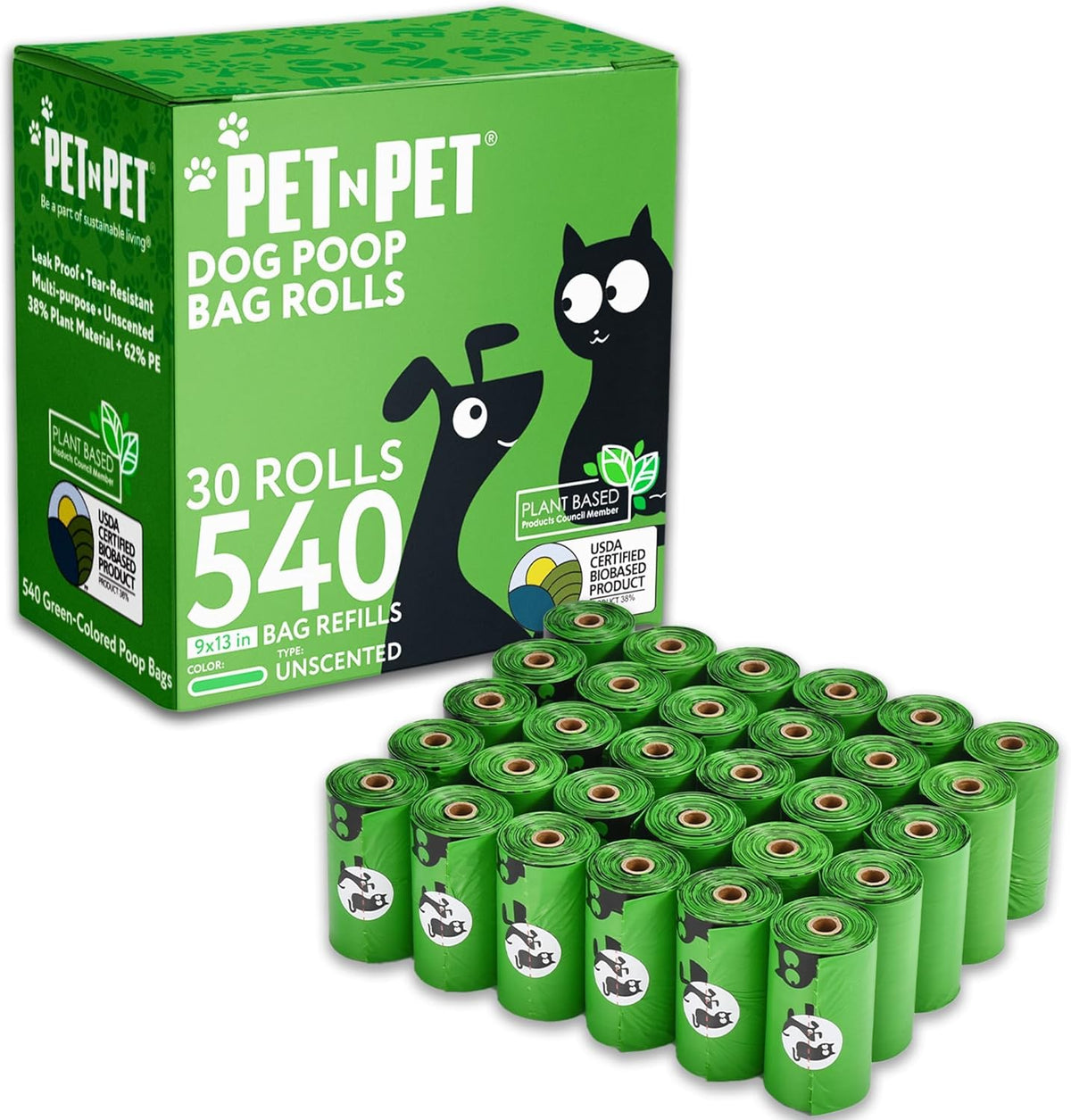 Pet N Pet 540 Counts Green Poop Bags for Dogs, 38% Plant Based & 62% PE Extra Thick Dog Poop Bags