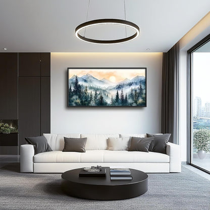 Large Misty Mountain Forest Wall Art for Living Room, Framed Foggy Sunrise Landscape Wall Decor