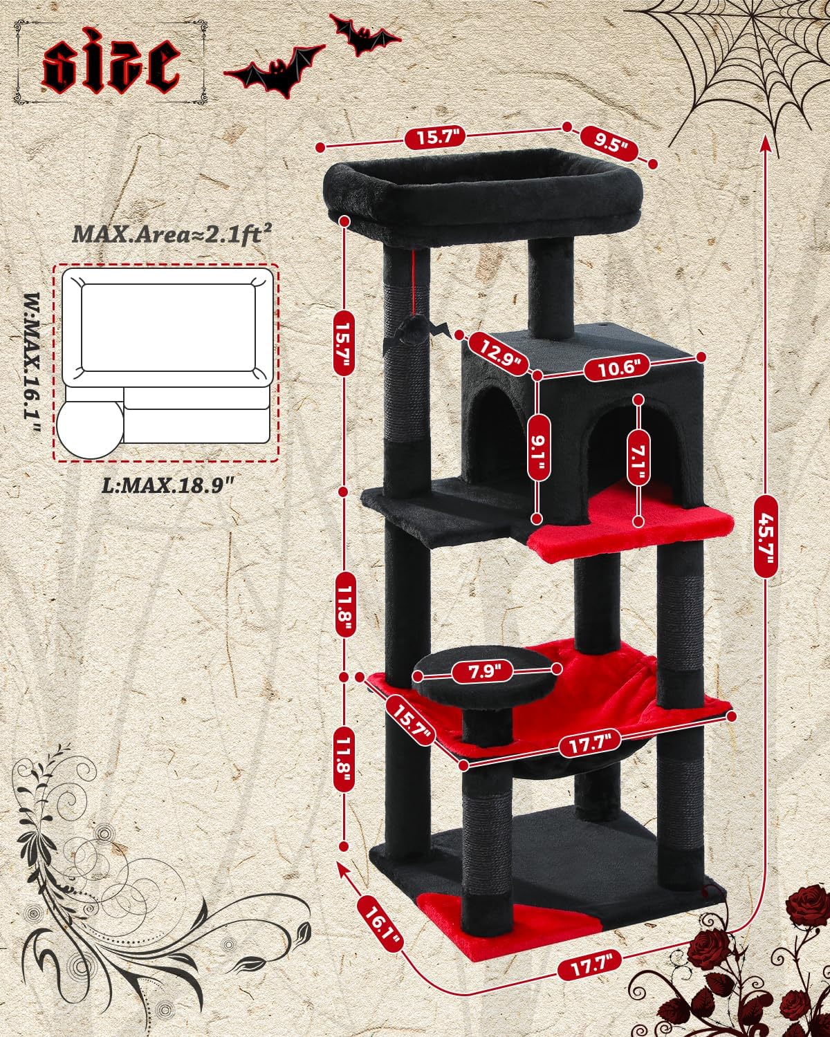 Gothic Cat Tree with Super Large Hammock, 45.7" Black Cat Tower with Coffin Bed, Cat Condo, Sisal