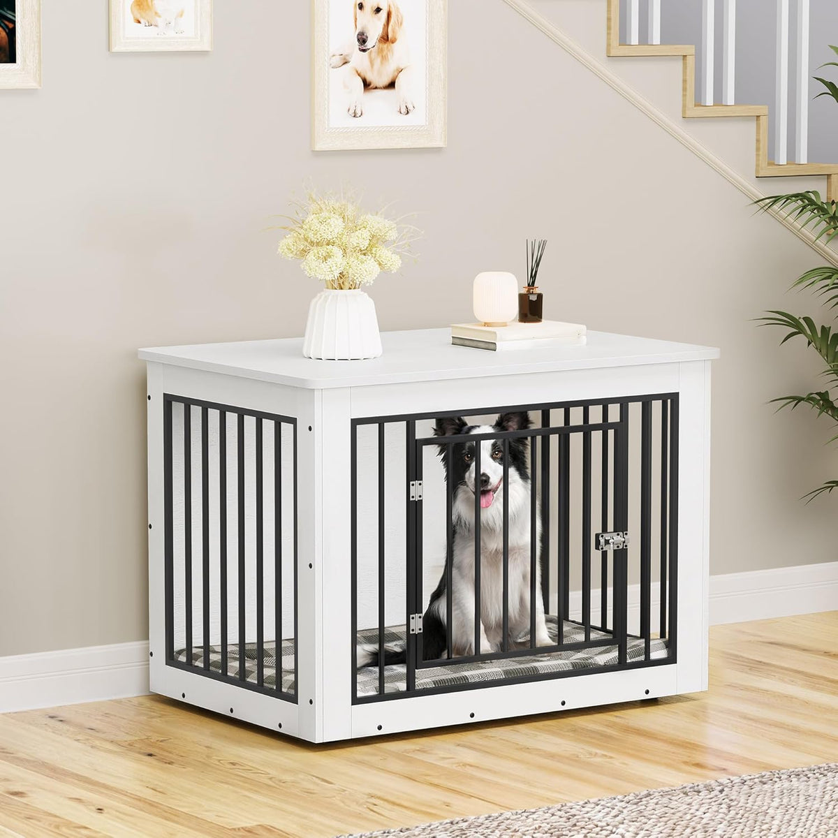 YITAHOME 38.2" L Dog Crate Furniture for Large Dogs, 2-in-1 Iron-Wood Fusion Dog cage Indoor up to