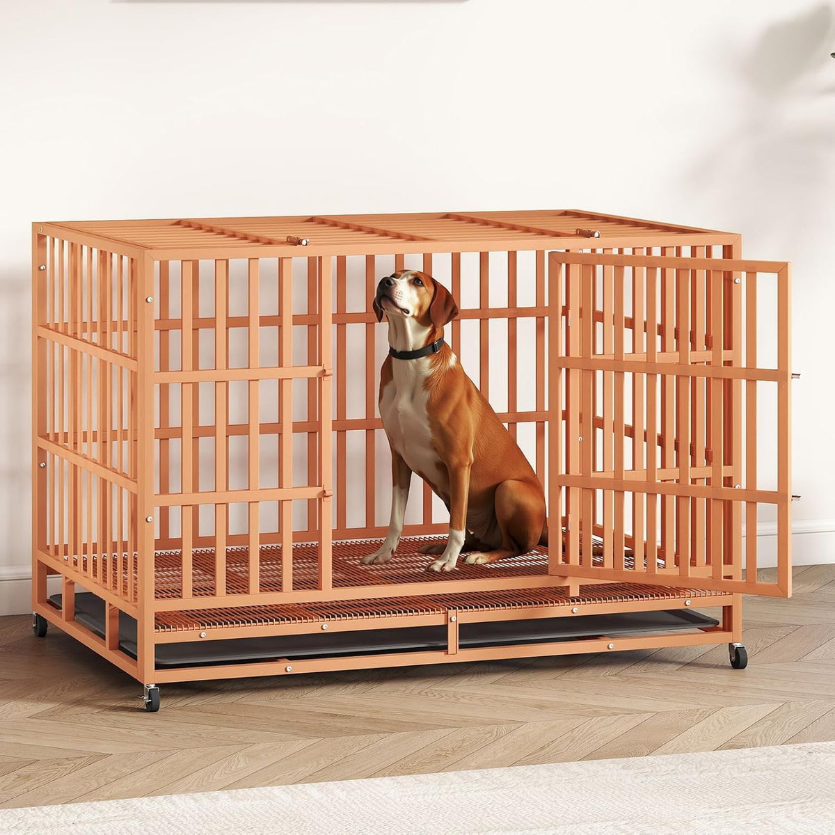 48IN Heavy Duty Dog Crate Steel Escape Proof, Indoor Double Door High Anxiety Cage Removable Tray