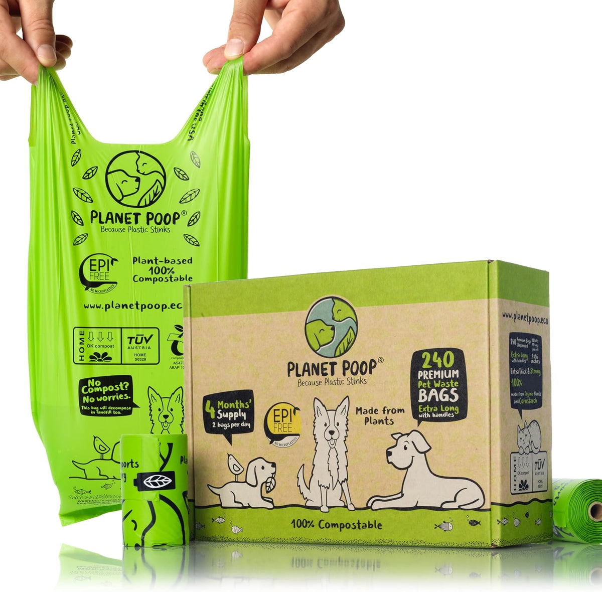 PLANET POOP Home Compostable Dog Poop Bags Extra-long with Handles 240 Un-Scented Pet Waste Bags