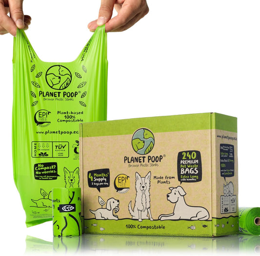 PLANET POOP Home Compostable Dog Poop Bags Extra-long with Handles 240 Un-Scented Pet Waste Bags