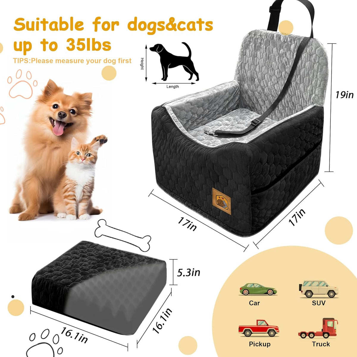 Dog Car Seat for Small/Medium Dogs, Memory Foam Dog Booster Seat, Travel Safety Per Car Seat with