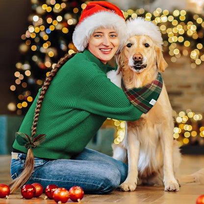 E-Clover Dog Bandana & Matching Scrunchie - Green Red Plaid Pet Scarf, Cute Costumes Accessories