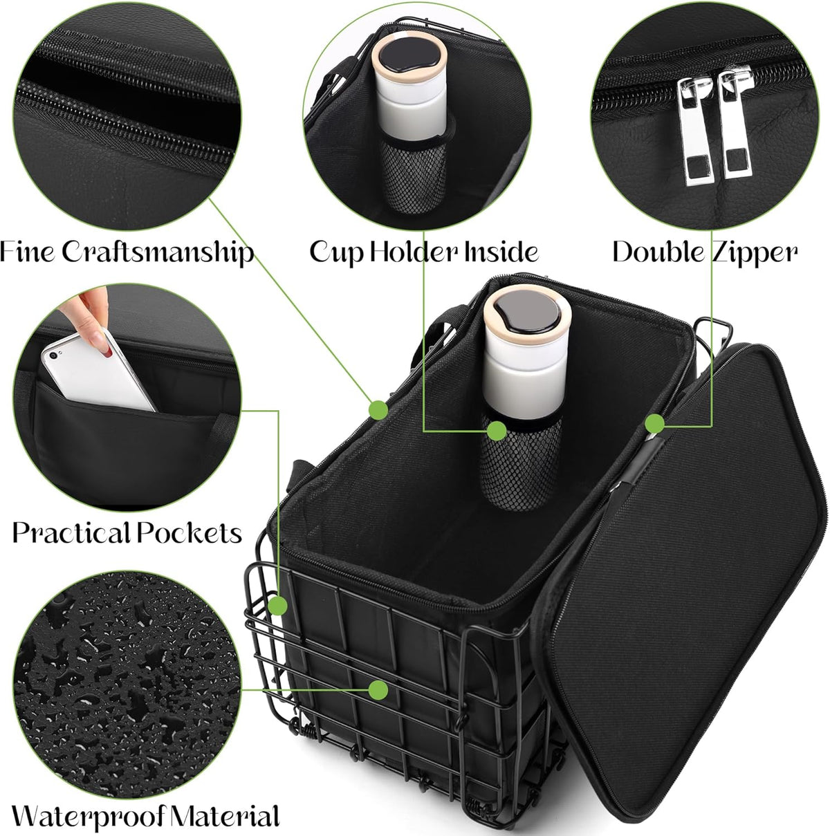 Aodaer Bike Basket with Removable Liner Bag Cargo Net Large Folding Bike Basket Quick Release Metal