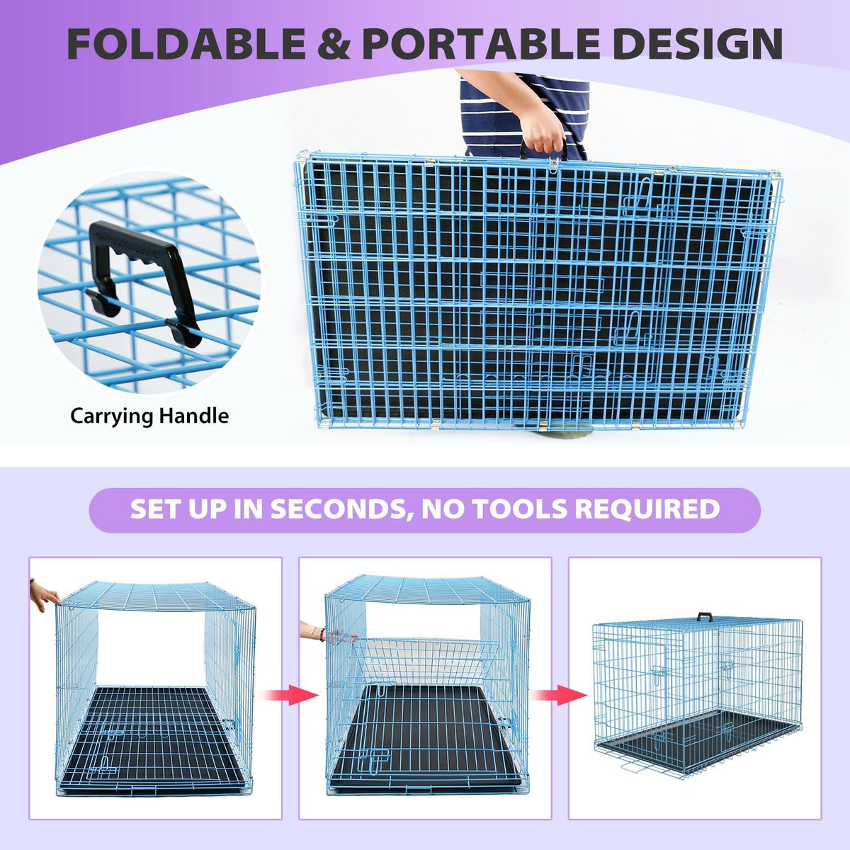 BestPet | Dog Crate | 30" | Blue | Foldable Metal Kennel with Double Doors, Secure Slide-Bolt