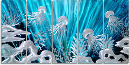 SYGALLERIER Jelly Fish Large Metal Wall Art Hand Grind Aluminum Artwork 3D Undersea World Coastal