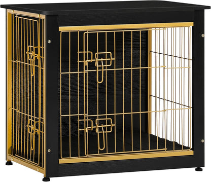 DWANTON Dog Crate Furniture with Cushion, Wooden Kennel Table with Double Doors, Indoor Dog House