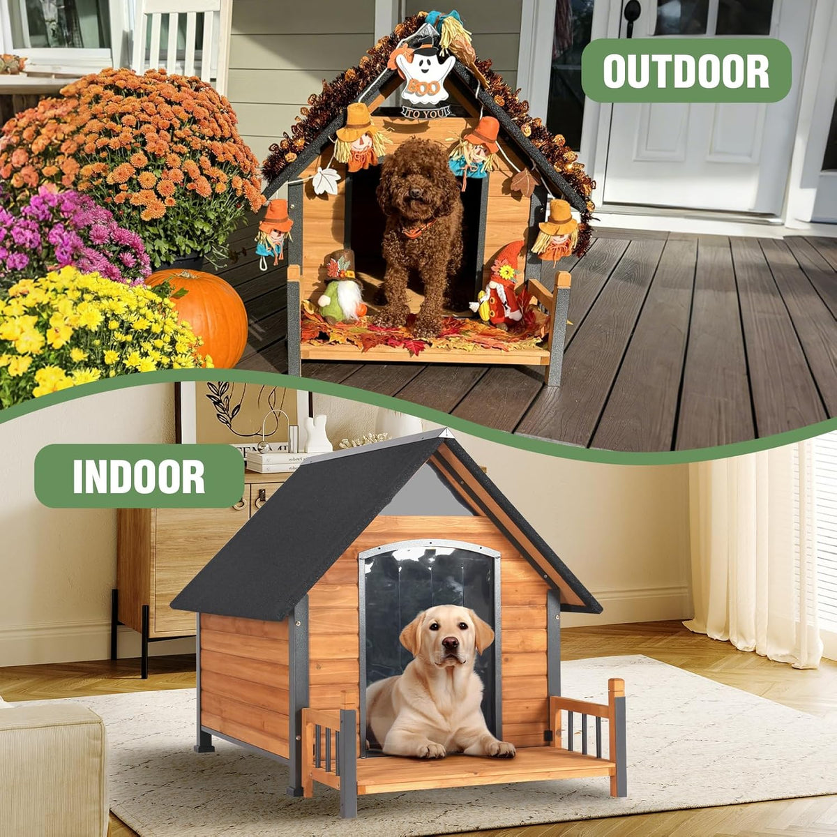 Large Dog House Outdoor Insulated Weatherproof Dog Kennel with Insulated Liner, Dog Shelter for