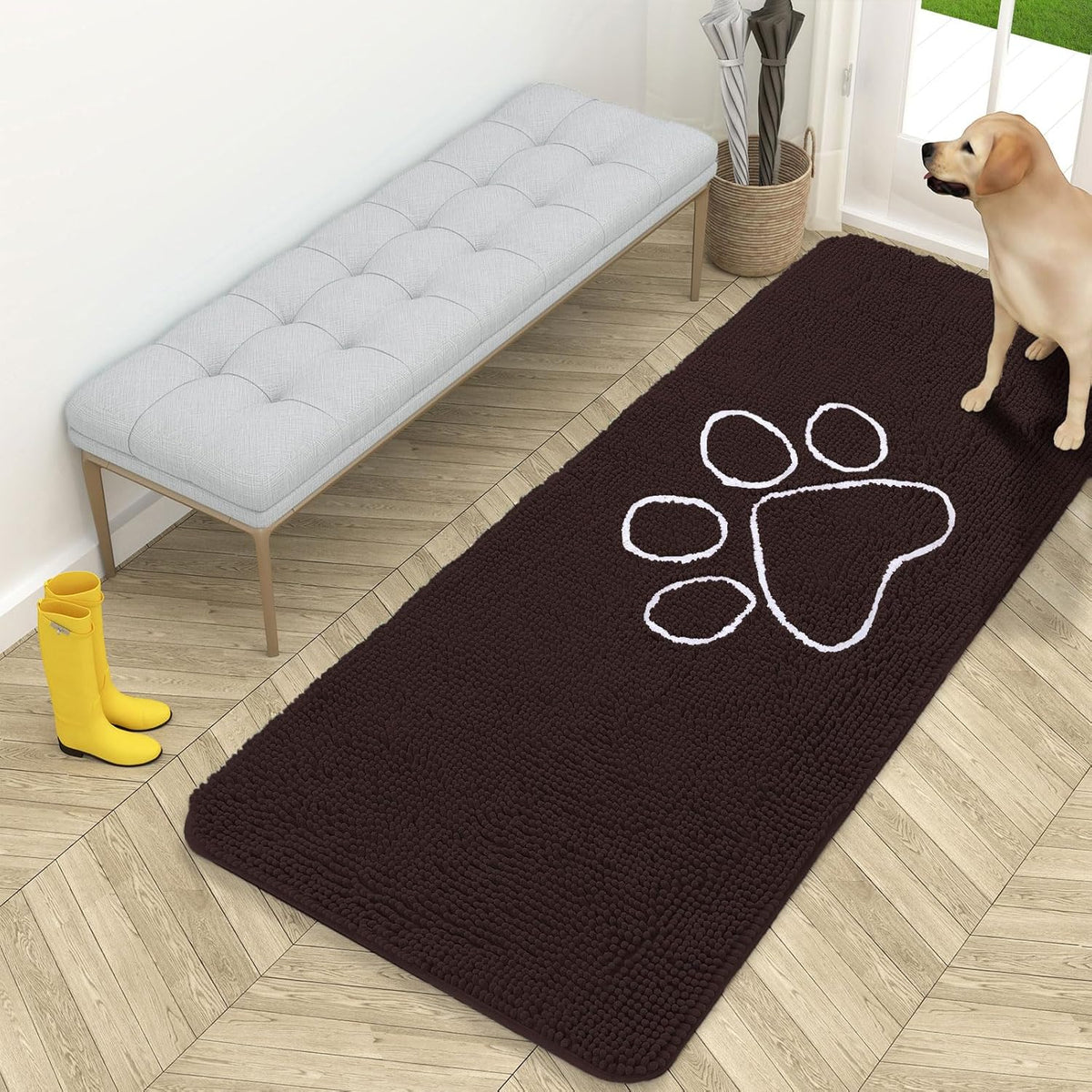 OLANLY Door Mat for Muddy Dog Paws 59x24, Ultra Absorbent Chenille Mud Doormat with Paw Print
