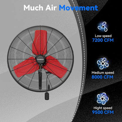 Pro 9500 CFM 24" Outdoor IP44 Waterproof Wall Mount Fan, 3-Speed Oscillating Metal Fans with