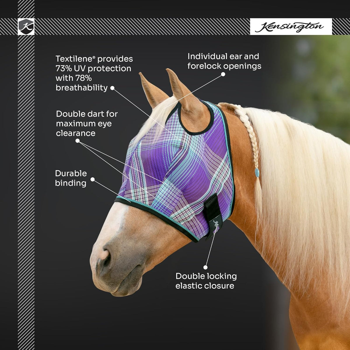 Kensington UV Horse Fly Mask with Web Trim - Protective Mask with Dual Ear Opening & Forelock