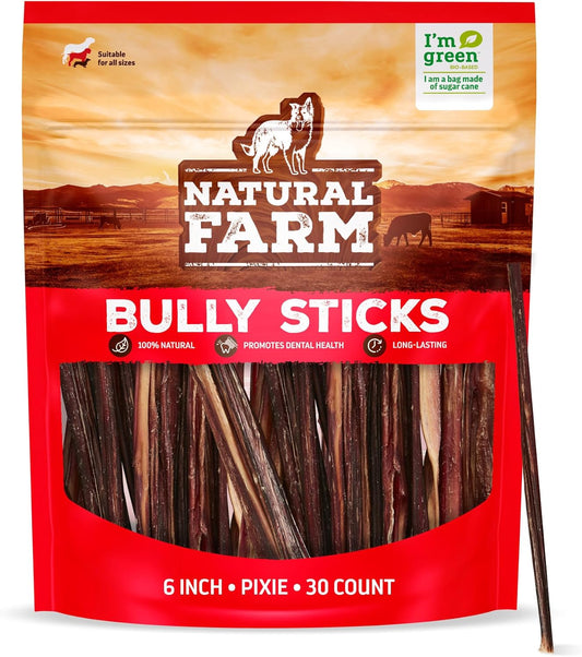 Natural Farm Bully Sticks (6 Inch, 30 Pack), Thin Pizzle Pixie Beef Treats, Grain-Free, High