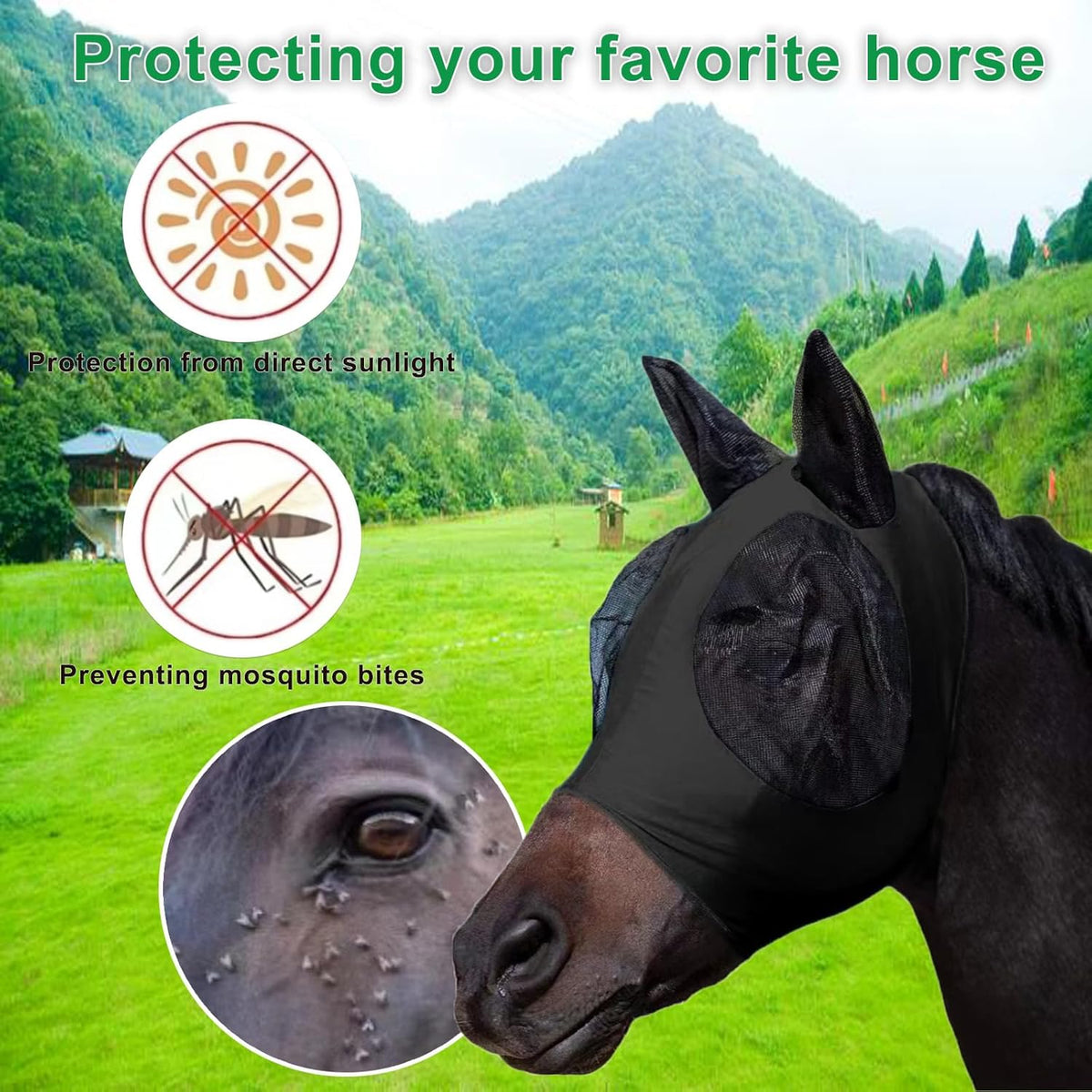 Horse Fly Mask with Ears, Comfortable Fit Stretch Fabric with UV Protection Soft on Skin