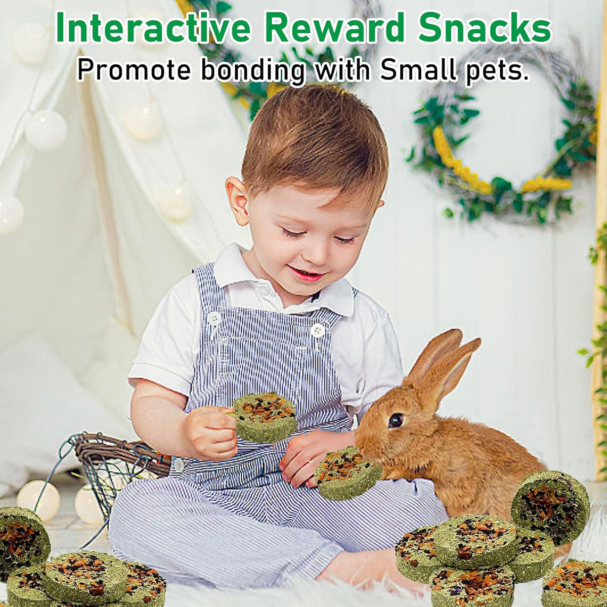 Fhiny 24 PCS Rabbit Chew Toys, Natural Timothy Hay Carrot Pumpkin Purple Potato Biscuit Cubes Bunny