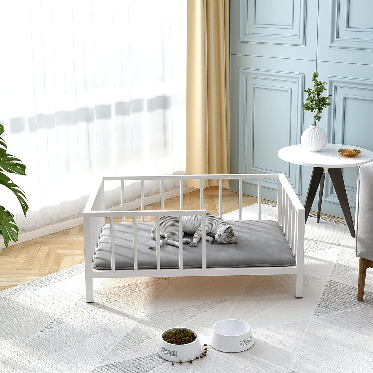 Dog Bed with Rails - Elevated Pet Metal Bed Frame with Solid Wood Board and Washable Soft Mat for
