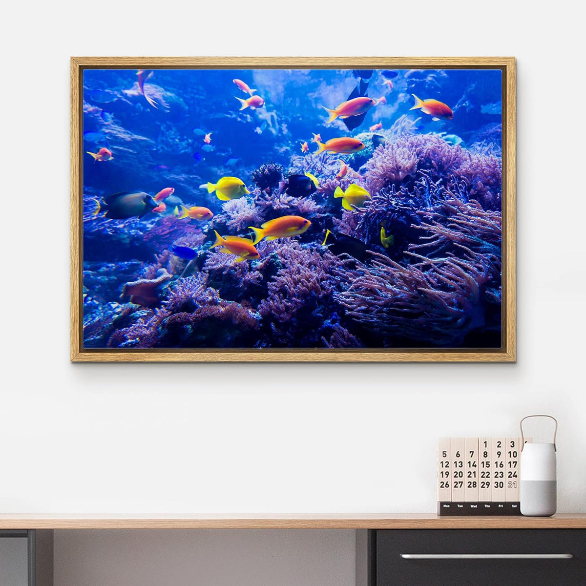 wall26 Framed Canvas Print Wall Art Purple Blue Vibrant Anemone Coral Reef Fish Nature Animals