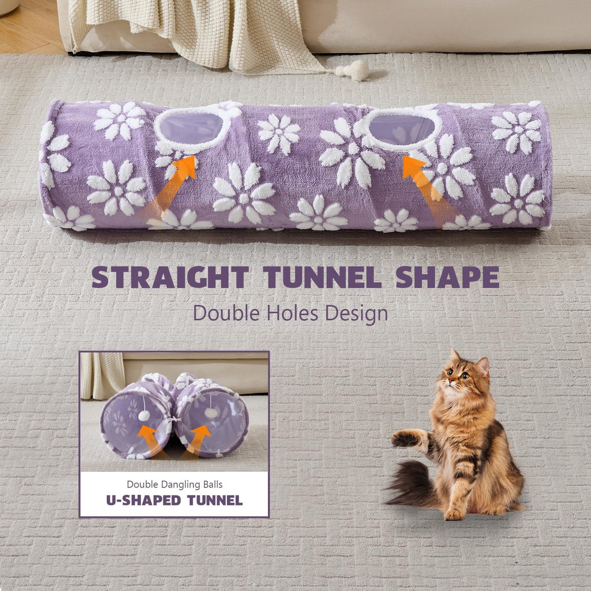 Straight Cat Tunnel for Indoor Cats 47"x12", Cute Cat Toys Collapsible Tunnel Tube with Balls for