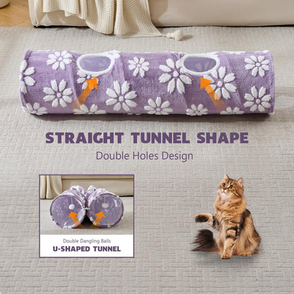 Straight Cat Tunnel for Indoor Cats 47"x12", Cute Cat Toys Collapsible Tunnel Tube with Balls for