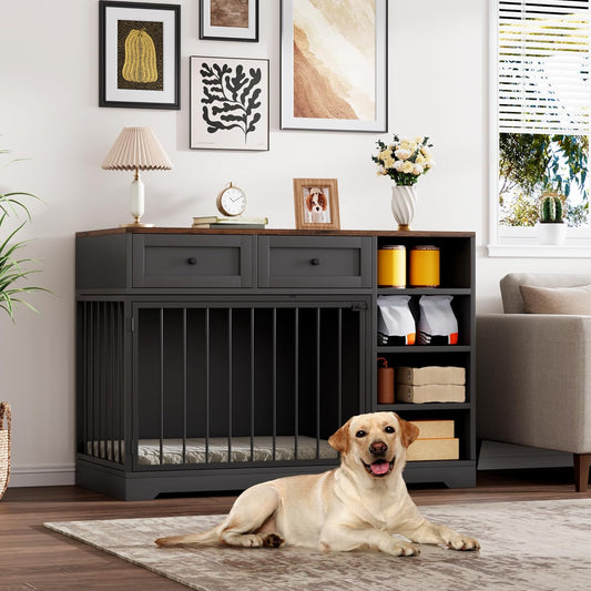 Dog Crate Furniture 47", Large Dog Crate TV Stand with 2 Drawers and 4 Shelves, Wooden Dog Kennel