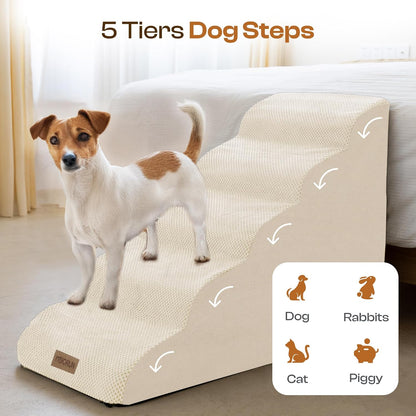 Dog Stairs for High Beds, Extra Tall 24.5" 5-Step Pet Steps for Medium & Small Dogs, Foam Ramp for