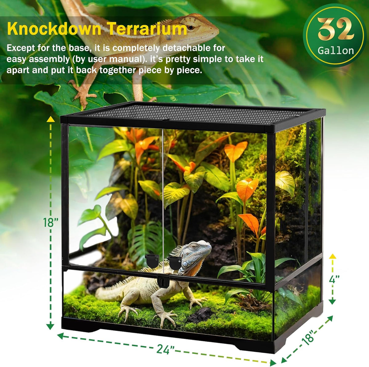 32 Gallon Professional Glass Terrarium 24"x18"x18" Durable Reptile Habitat Tank with Heat Resistant
