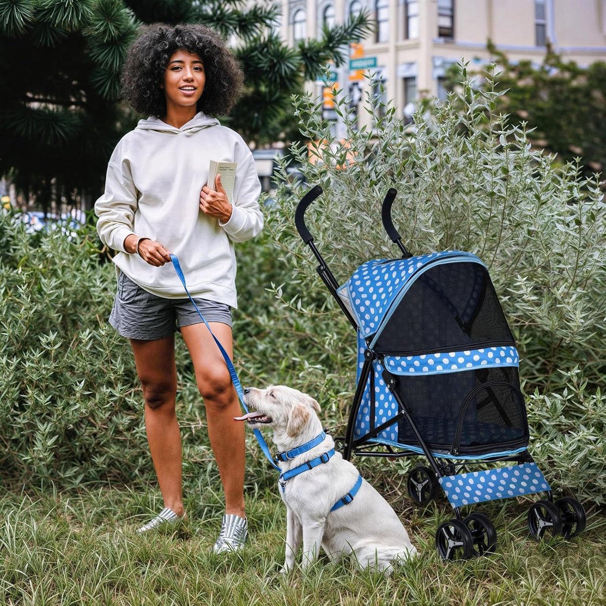 MoNiBloom 4 Wheels Pet Stroller, Easy-Fold Umbrella Shaped Dog Cat Jogger Stroller w/Storage Bag &