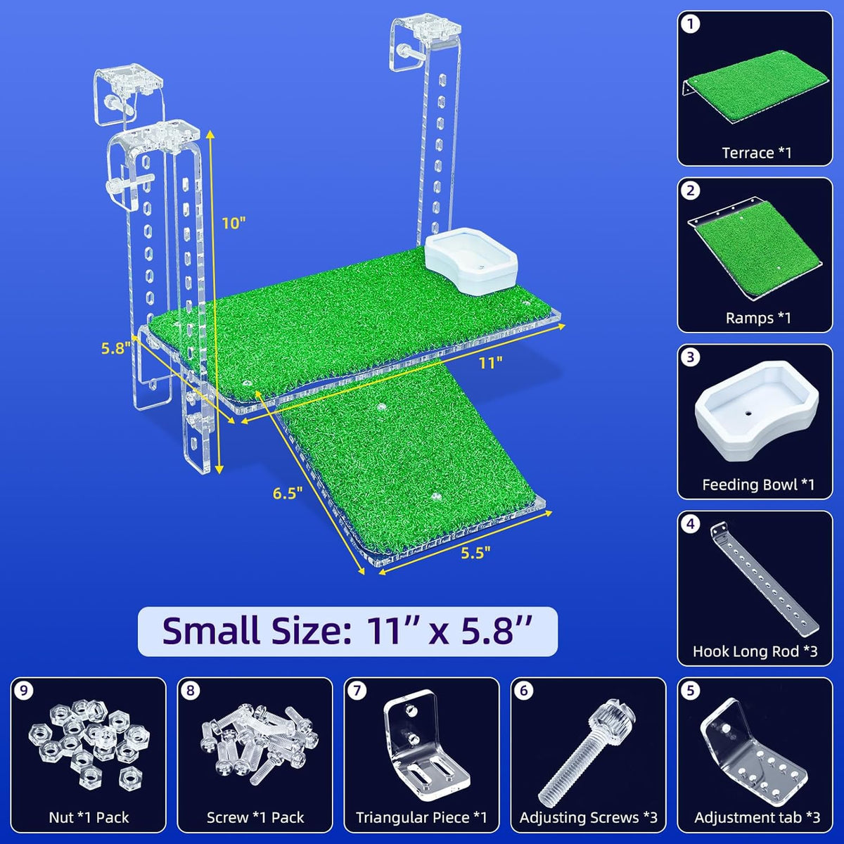 Adjustable Hanging Turtle Dock with Anti-Slip Artificial Grass Basking Platform Sturdy Acrylic Ramp