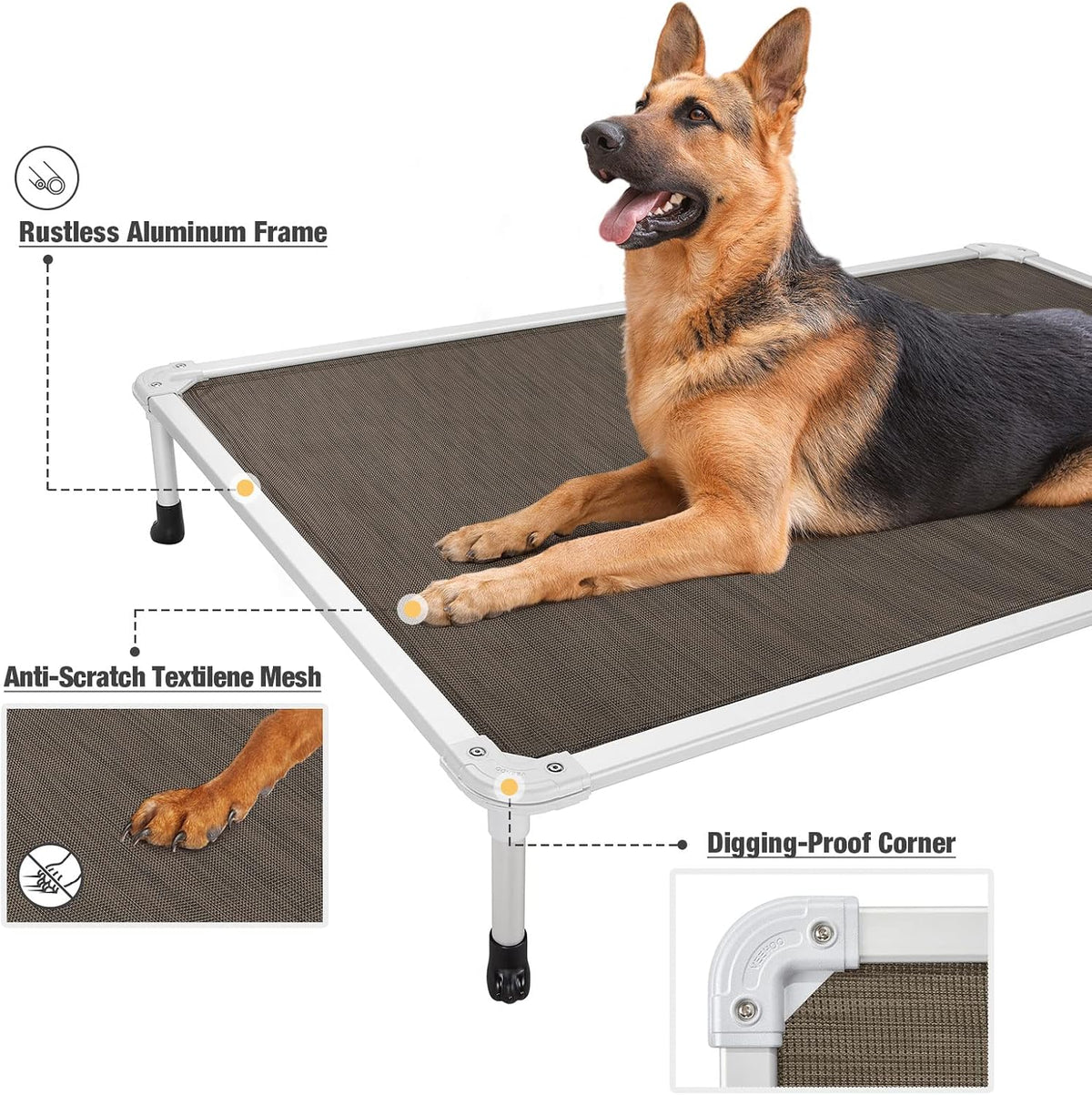 Veehoo Chew Proof Elevated Dog Bed - Cooling Raised Pet Cot - Silver Aluminum Frame and Durable