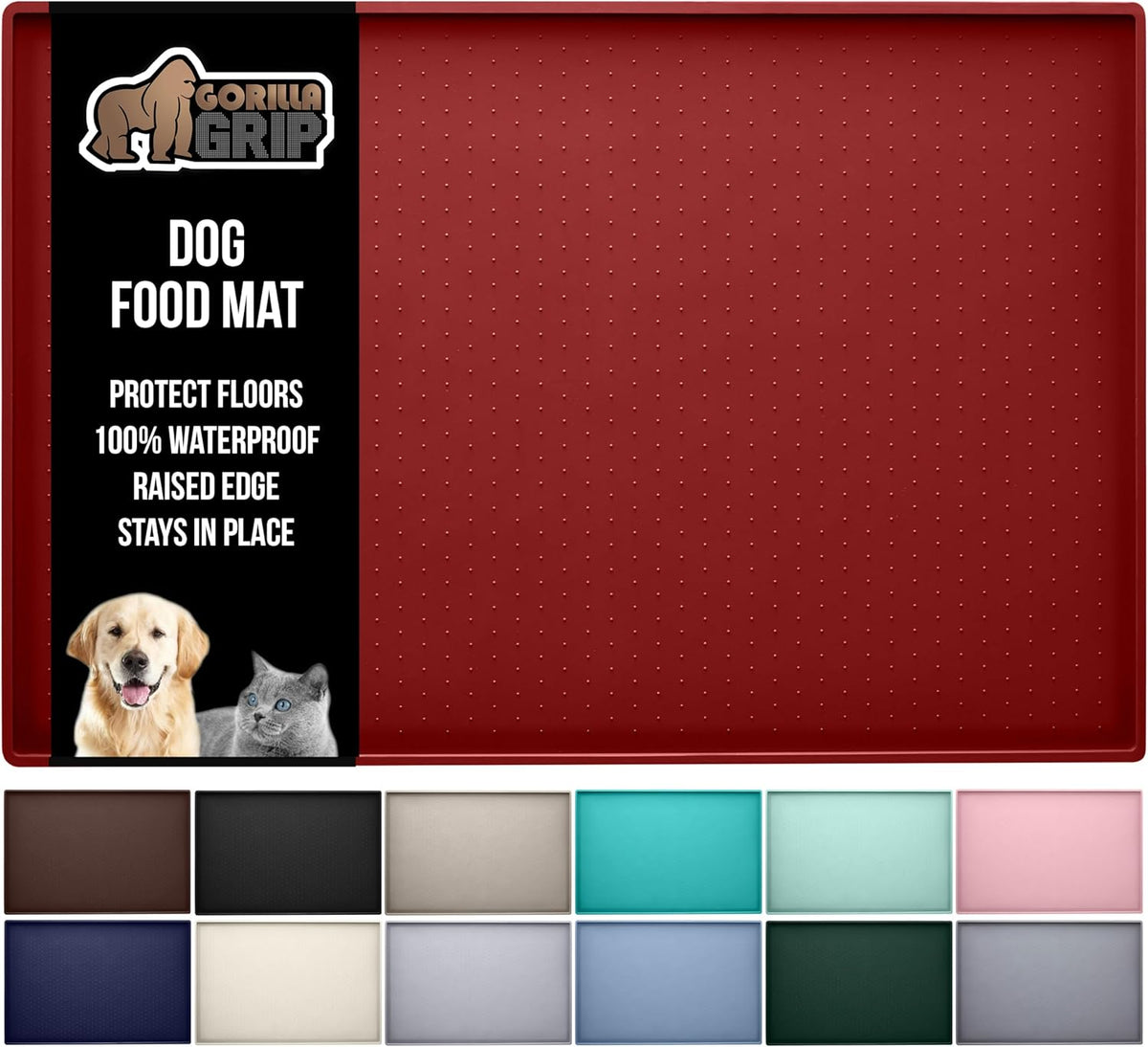GORILLA GRIP 100% Waterproof Raised Edge BPA Free Silicone Pet Feeding Mat, Dog Cat Food Mats