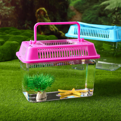 NOLITOY 4pcs Mini Fish Tank, Plastic Fish Box Breeding Case with Handle Desktop Reptile Carrier