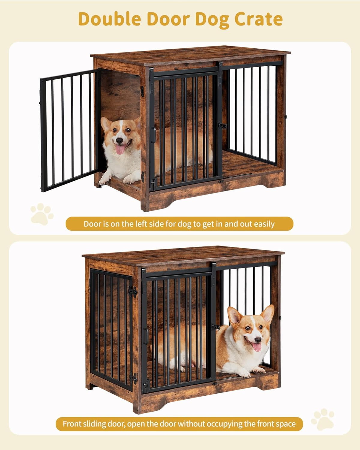 31.9" Dog Crate Furniture with Barn Door, Heavy Duty Dog Kennel Indoor with 2 Doors, Wooden Pet