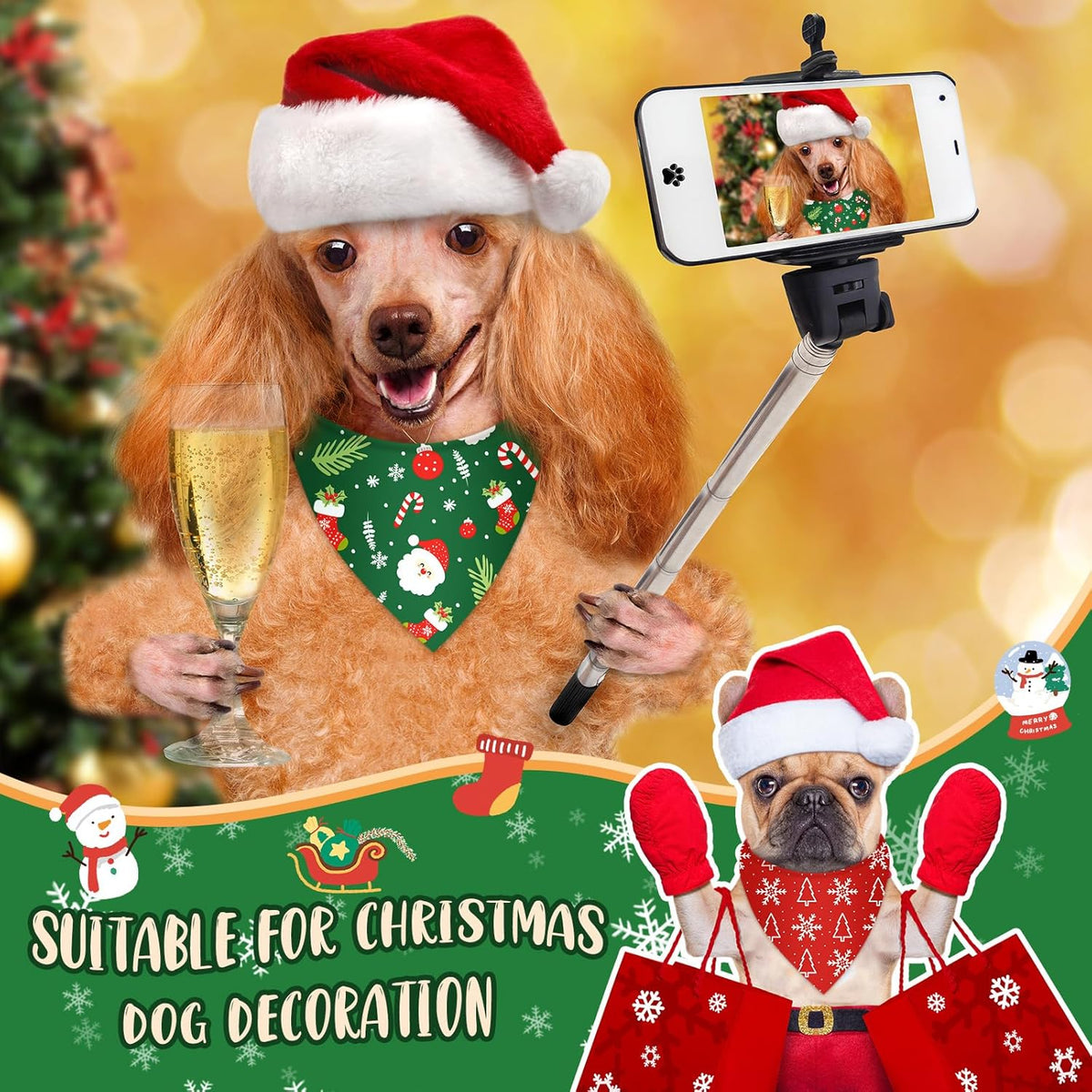 100 Pcs Christmas Dog Bandanas Bulk Xmas Santa Snowflakes Bandanas Adjustable Soft Bibs Triangle