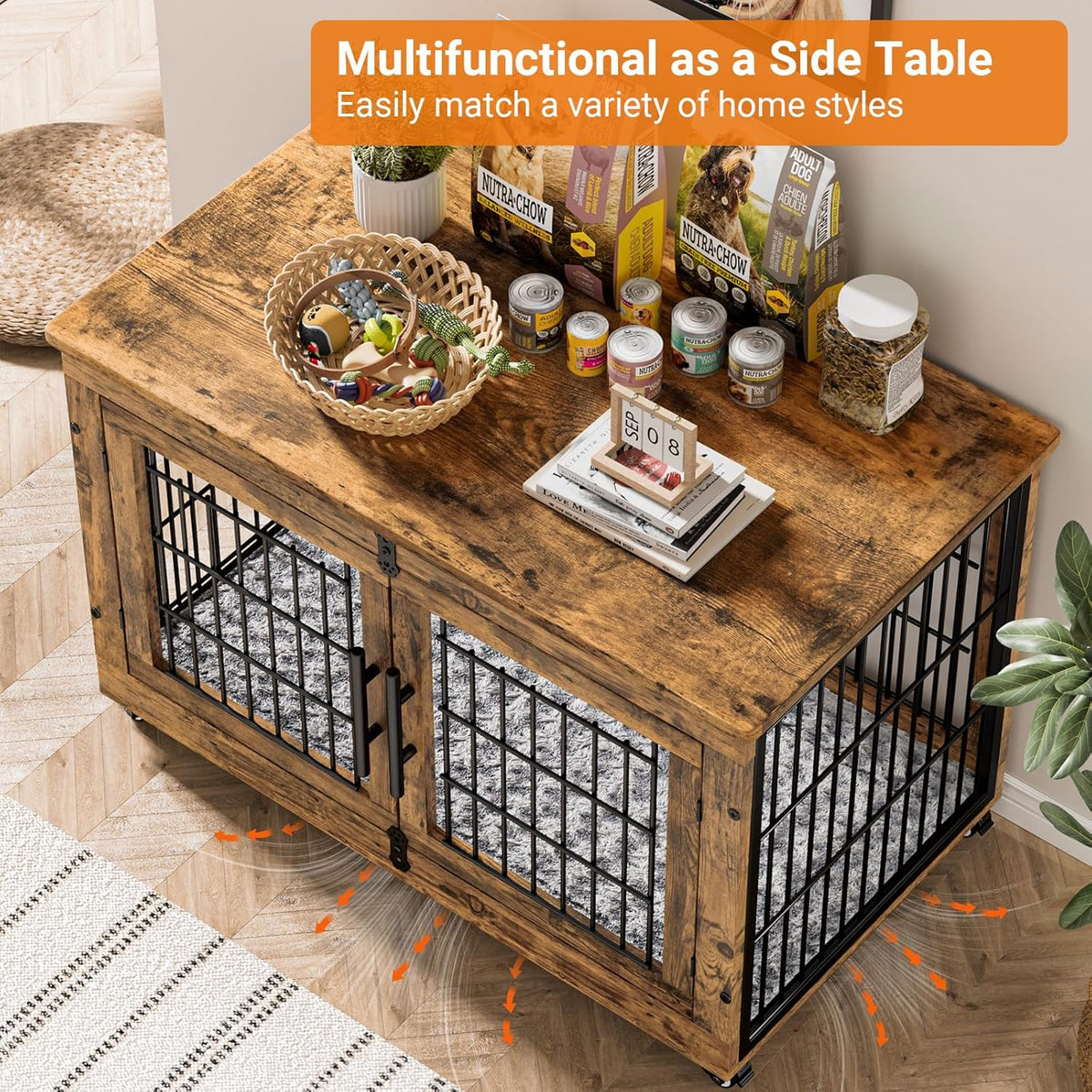 Lulive Dog Crate Furniture, Dog Kennel Indoor Double Doors Wooden Dog Cage, 38'' Heavy Duty Dog