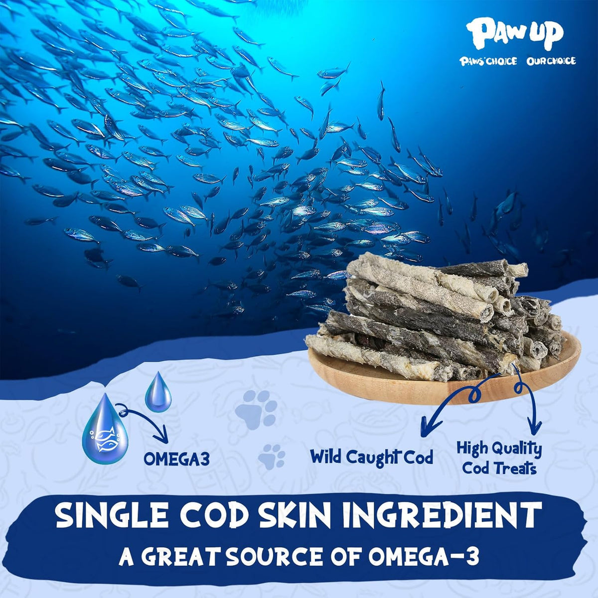 Cod Skin Rolls Dog Treats Natural High Omega 3 Dog Snacks, Single Ingredient Cod Skin Chews for