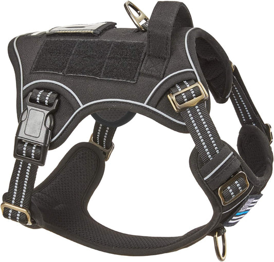 BUMBIN Tactical Dog Harness for Medium Dogs, No Pull, Reflective, Adjustable, Black, M(Neck:16-20"