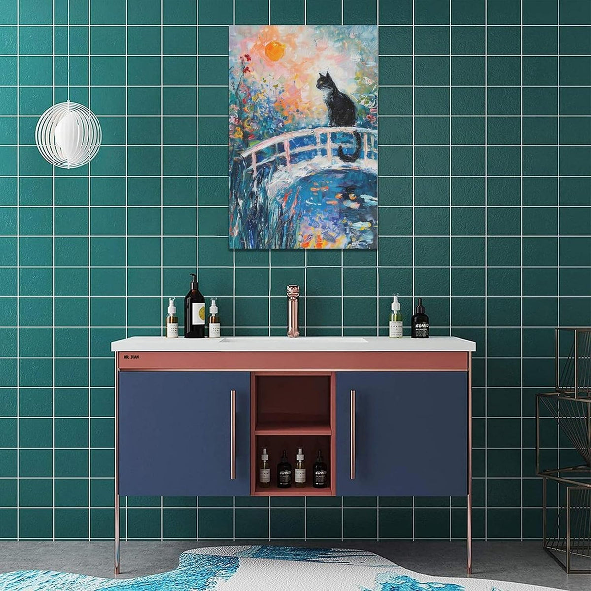 Quorin Black Cat Wall Art Water Lily Sunset Pictures Cat Wall Decor Impressionism Canvas Print