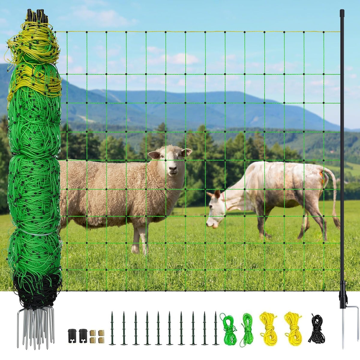 Electric Fence Netting, 164'L x 42.5" H Electric Fence Kit for Livestock, Goat, 14 Posts Double