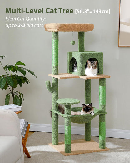 Cactus Cat Tree for Large Cats with Metal Plush Big Hammock, 56.3" Cat Tower for Indoor Cats with 2