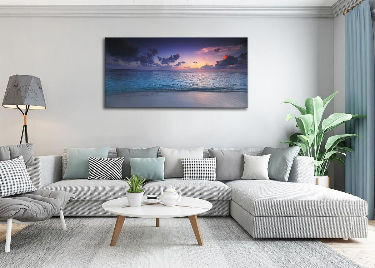 Blue Ocean Sunset Canvas Wall Art – Framed Seascape Painting, Coastal Landscape Nature Decor for