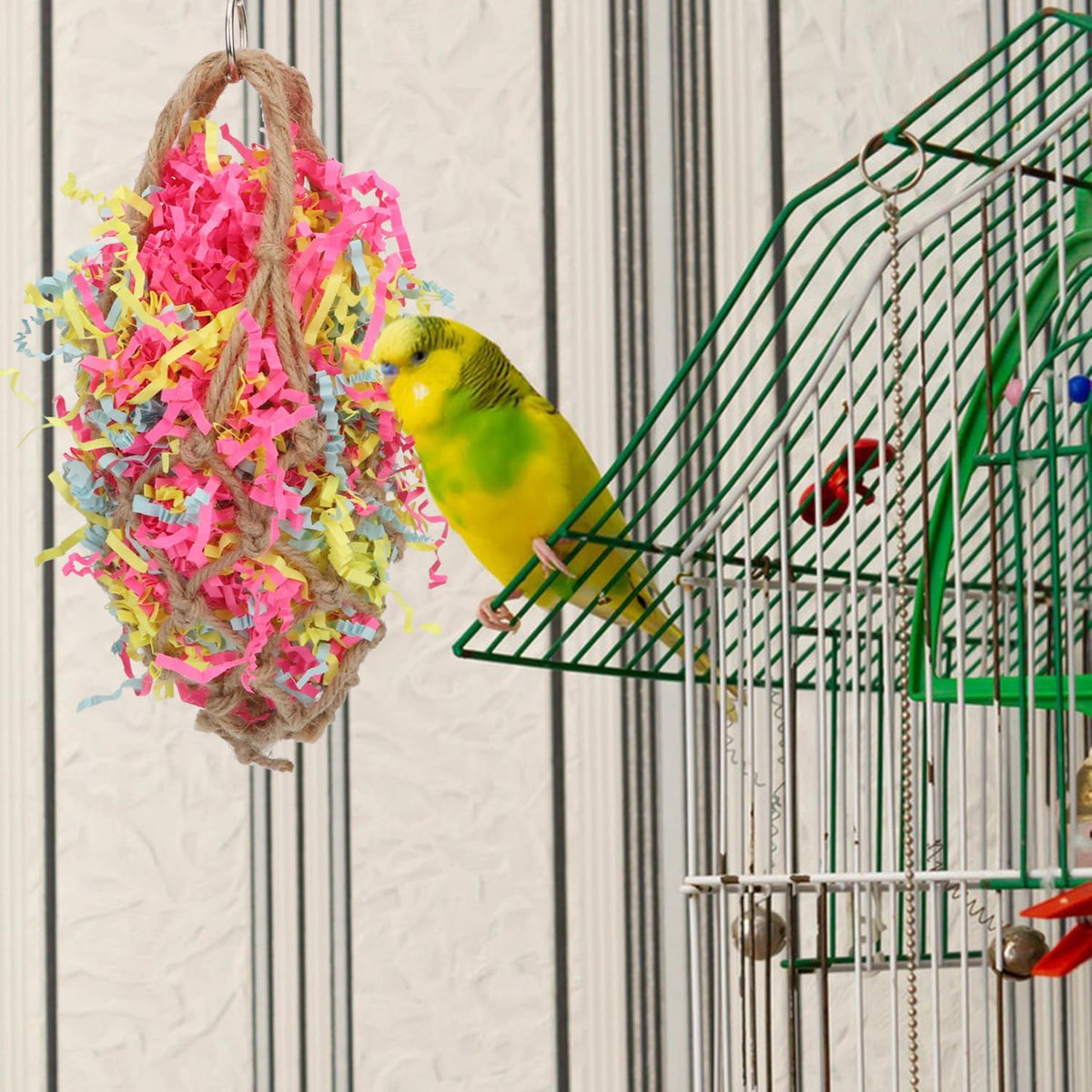 Bird Jute Paper Strips Parrot Mesh Bag Hanging Chewing Toy for Parakeet Cockatiel Conure Cockatoo