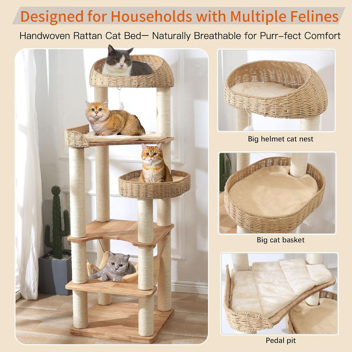 Wooden Cat Tree for Indoor Cats, 62-Inch Tall Cat Tower with Scratching Post for Large Cats, Solid